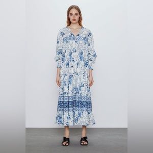 Zara made in India blue white floral cotton dress